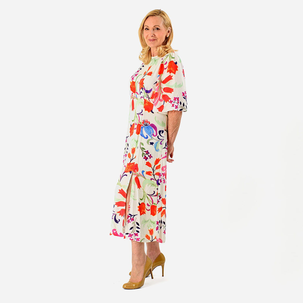 Close Out - Maria Kaneva - Boat Neck Abstract Floral Print Midi Dress (Size 20) - MultiColor