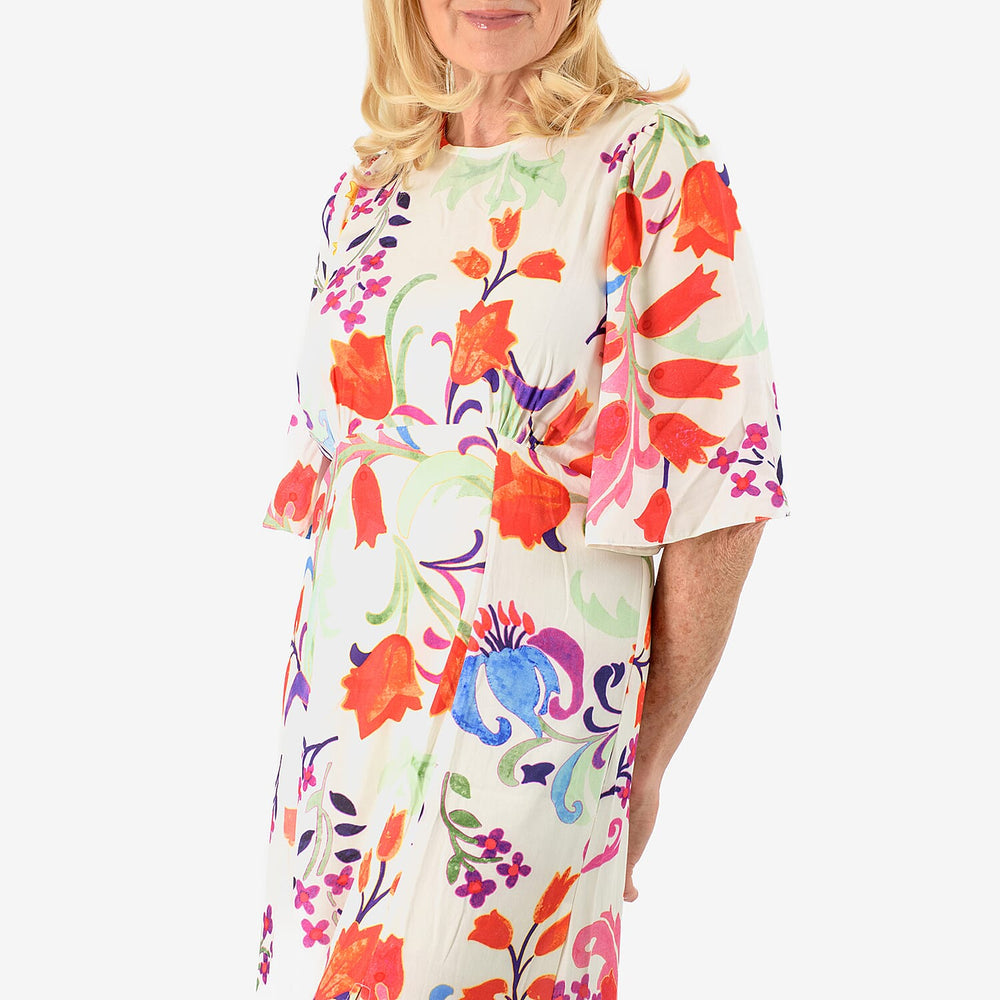 Close Out - Maria Kaneva - Boat Neck Abstract Floral Print Midi Dress (Size 20) - MultiColor