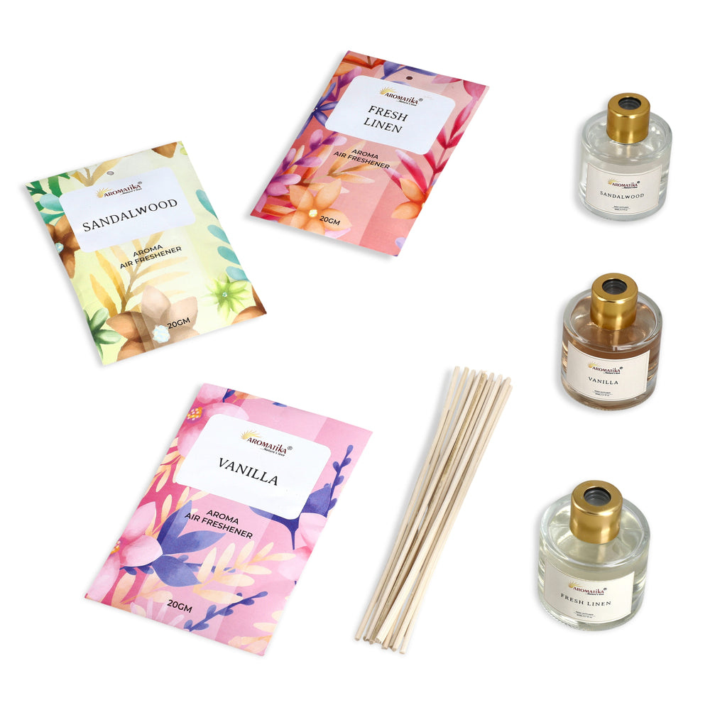 Aroma Therapy Gift Combo- 3 Pack Reed Diffusers (50ml) & Fragrance Sachets (20gm)