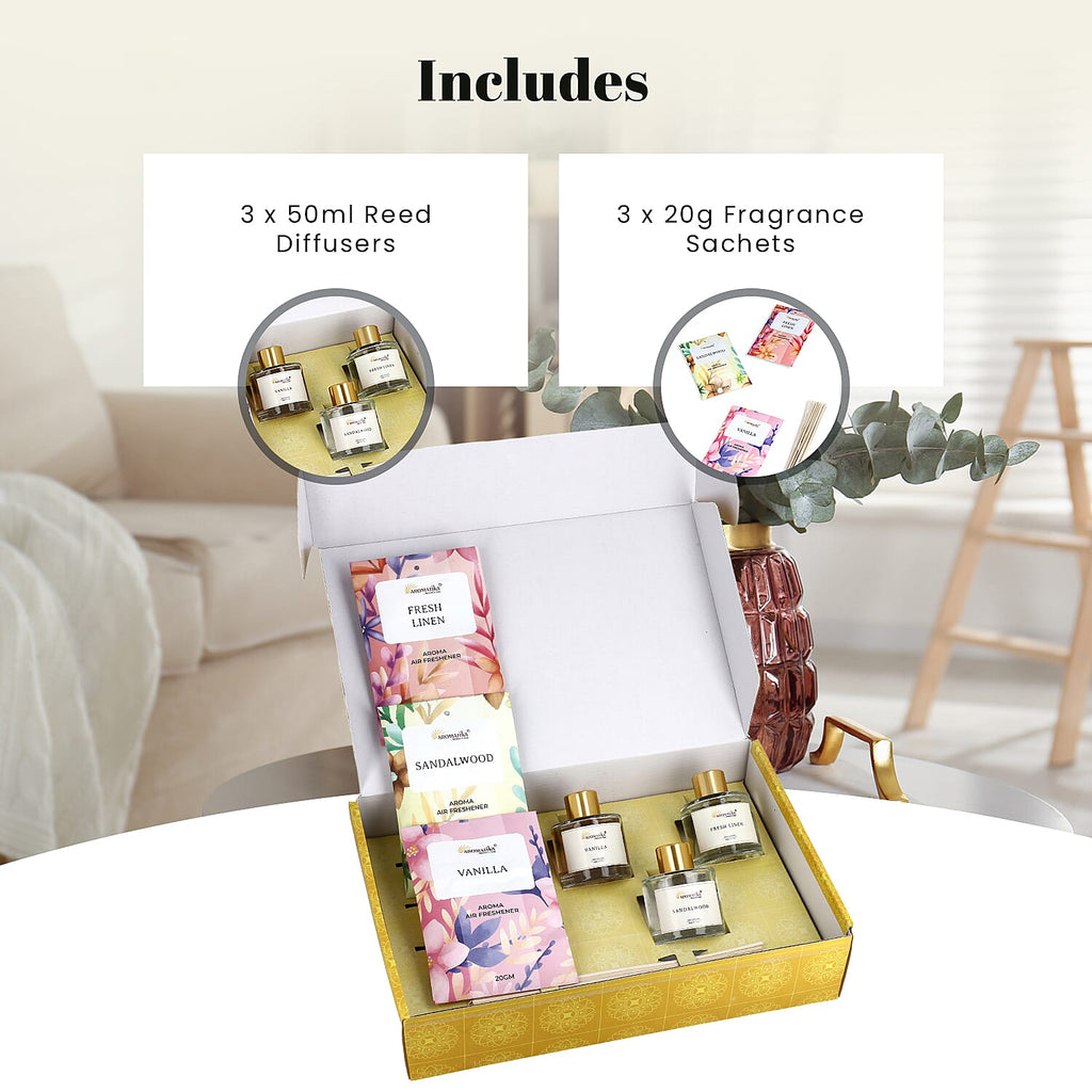 Aroma Therapy Gift Combo- 3 Pack Reed Diffusers (50ml) & Fragrance Sachets (20gm)