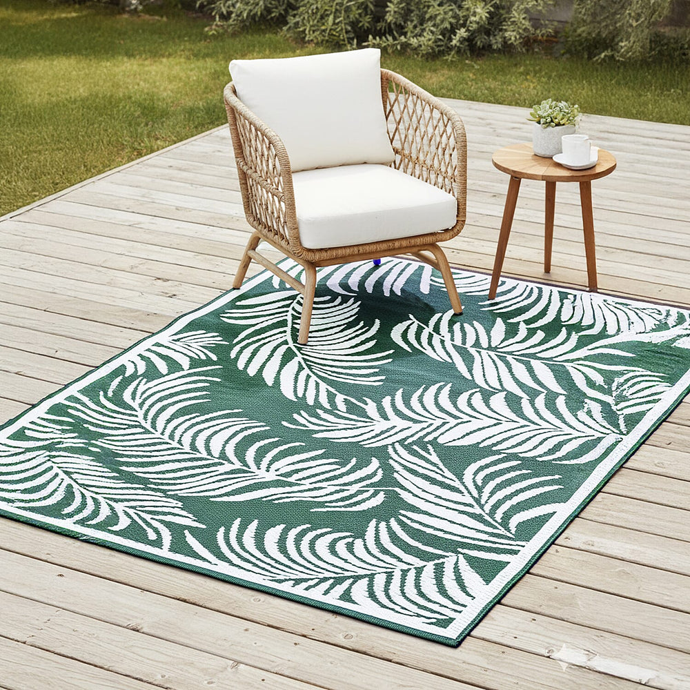Botanical Style Green Rug with White Tropical Leaf Pattern Indoor-Outdoor Rug (Size 180x120cm)