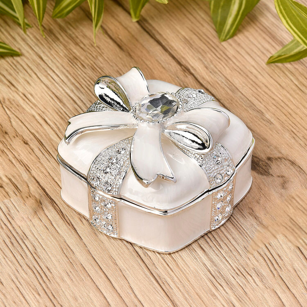 Bowknot Rhinestone Bejewelled Square Trinket Box (Size 6.4x6.5x3.8 cm) - White