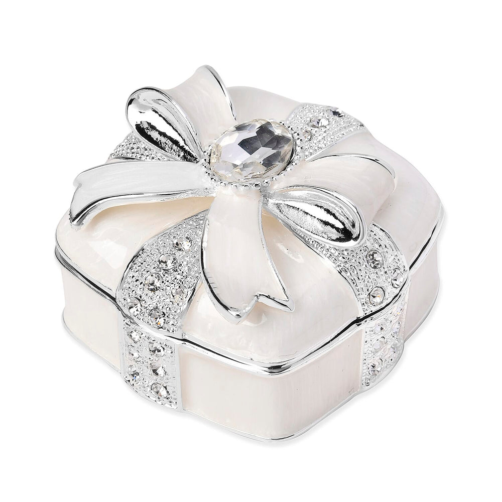 Bowknot Rhinestone Bejewelled Square Trinket Box (Size 6.4x6.5x3.8 cm) - White