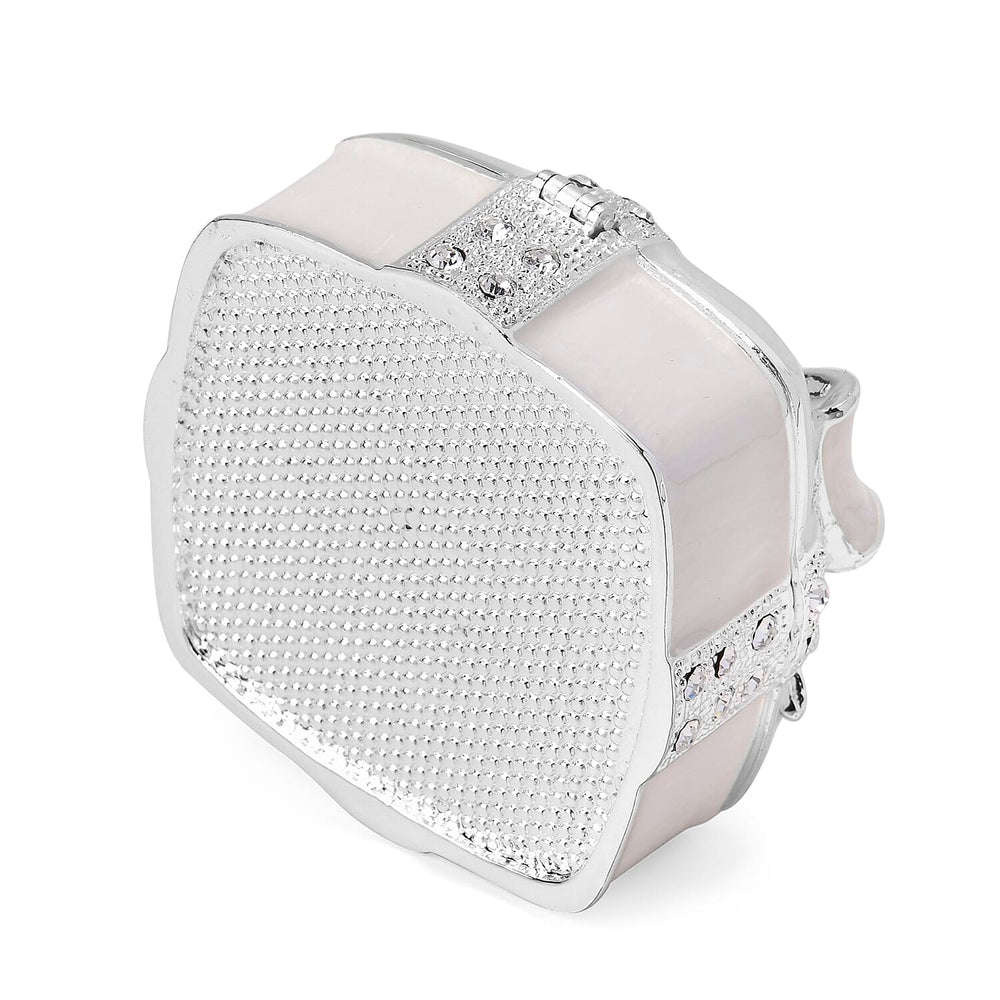 Bowknot Rhinestone Bejewelled Square Trinket Box (Size 6.4x6.5x3.8 cm) - White