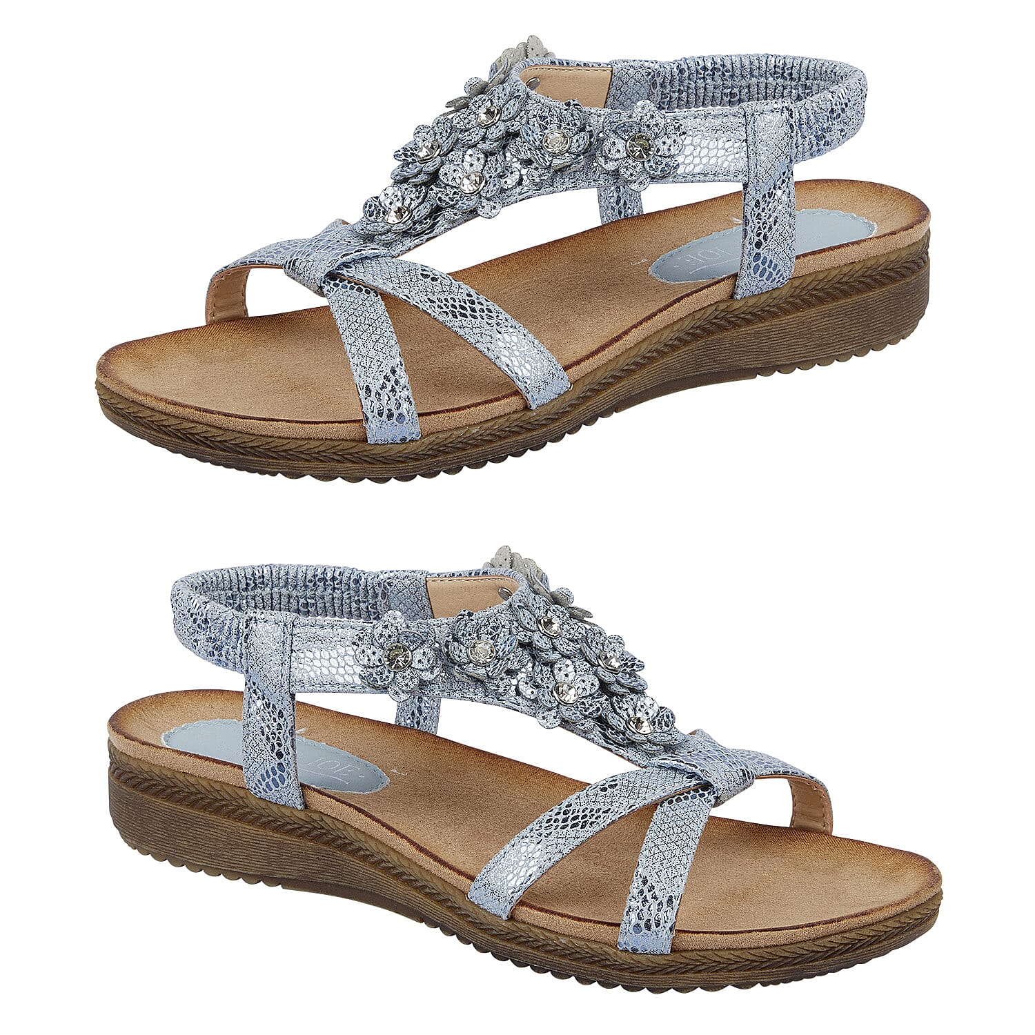 Jo - Joe Naples Cross Over Floral Embellishment Slight Wedge Sanda (Size 5) - Blue