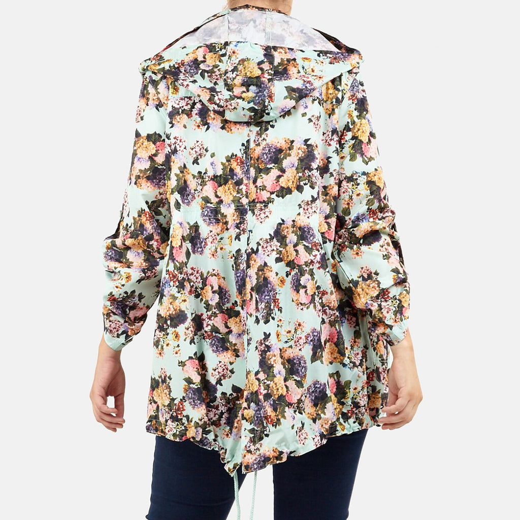 Brave Soul Floral Pattern Water Resistant Hooded Rain Mac (Size 22) - Mint