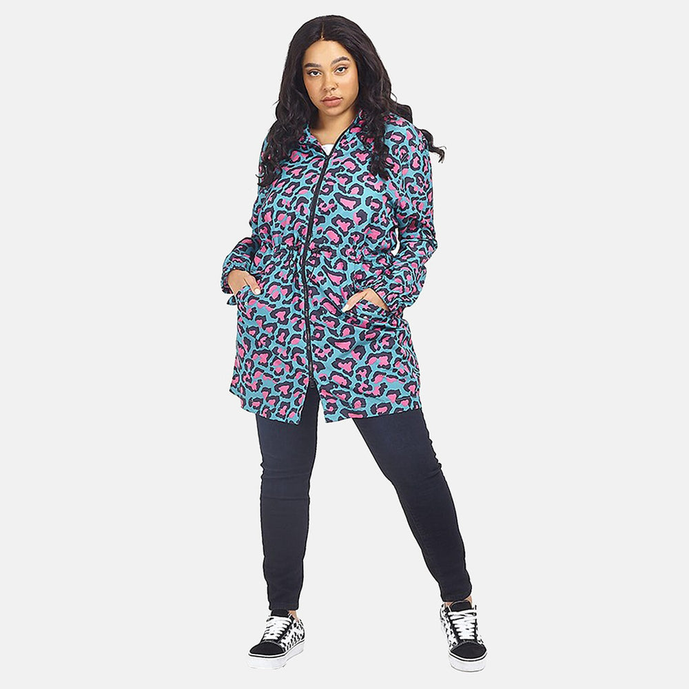 Brave Soul Leopard Pattern Water Resistant Hooded Rain Jackets (Size 18) - Teal with Pink and Black