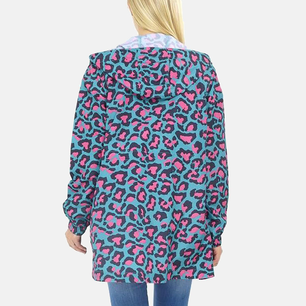 Brave Soul Leopard Pattern Water Resistant Hooded Rain Jackets (Size 18) - Teal with Pink and Black