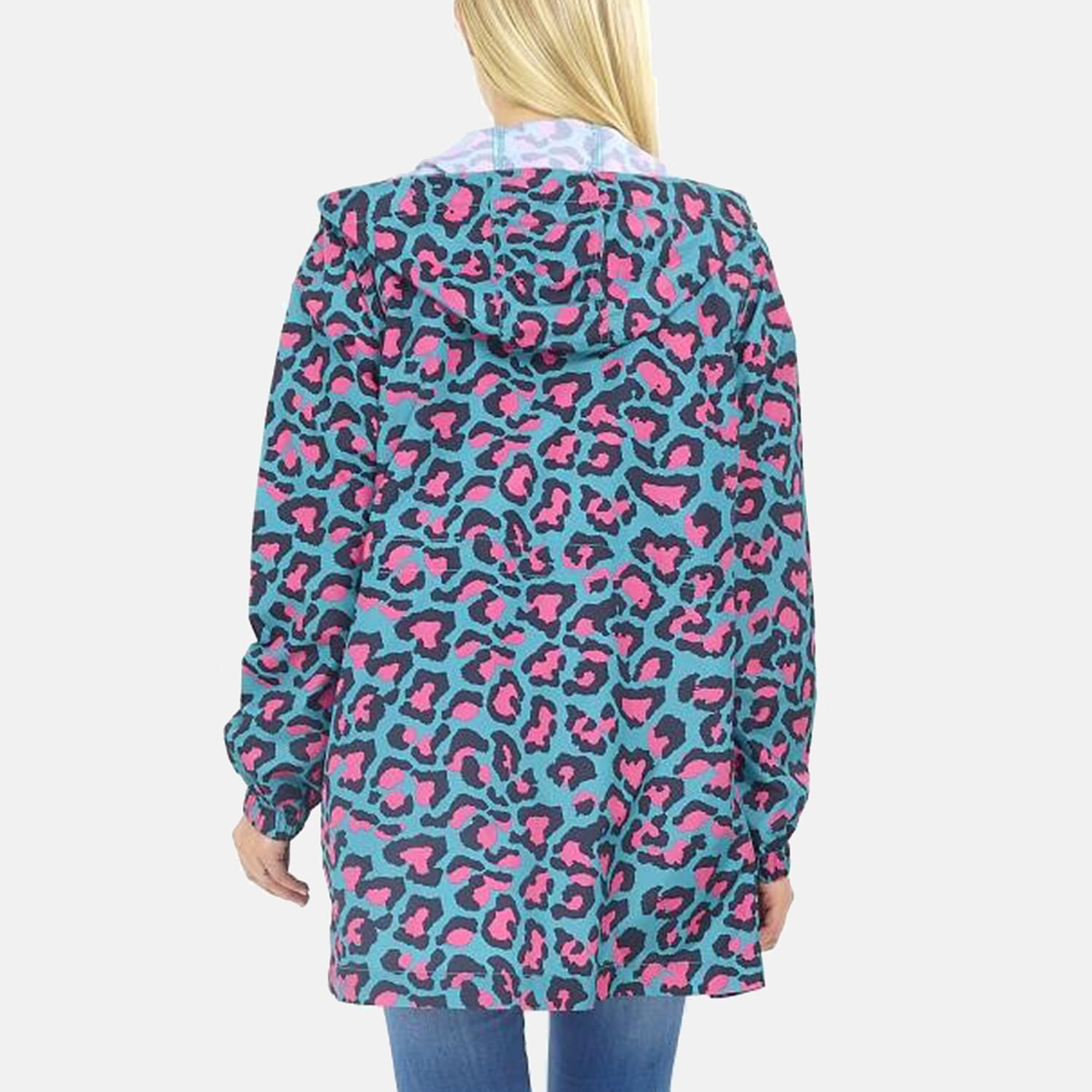 Brave Soul Leopard Pattern Water Resistant Hooded Rain Jackets (Size 18) - Teal with Pink and Black