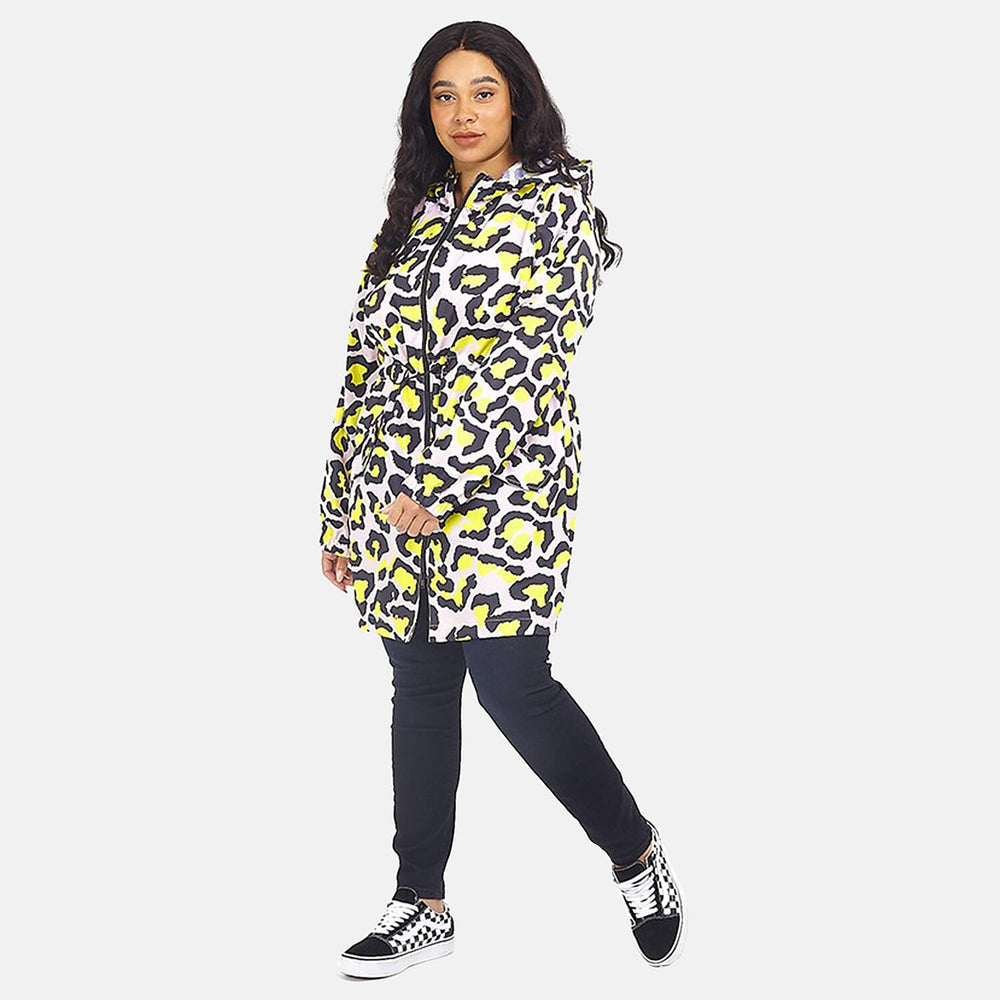 Brave Soul Leopard Pattern Water Resistant Hooded Rain Mac (Size 22) - Pink with Yellow & Black
