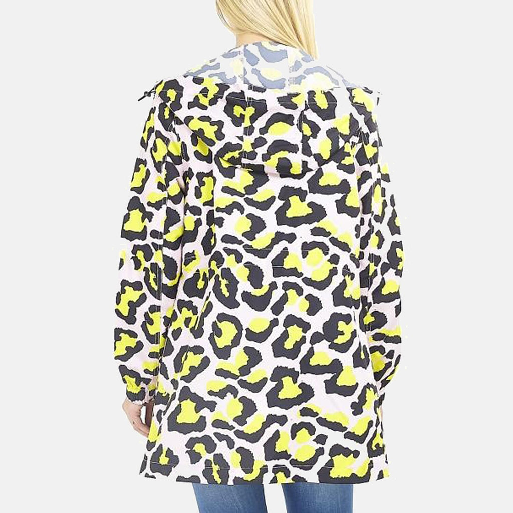 Brave Soul Leopard Pattern Water Resistant Hooded Rain Mac (Size 22) - Pink with Yellow & Black