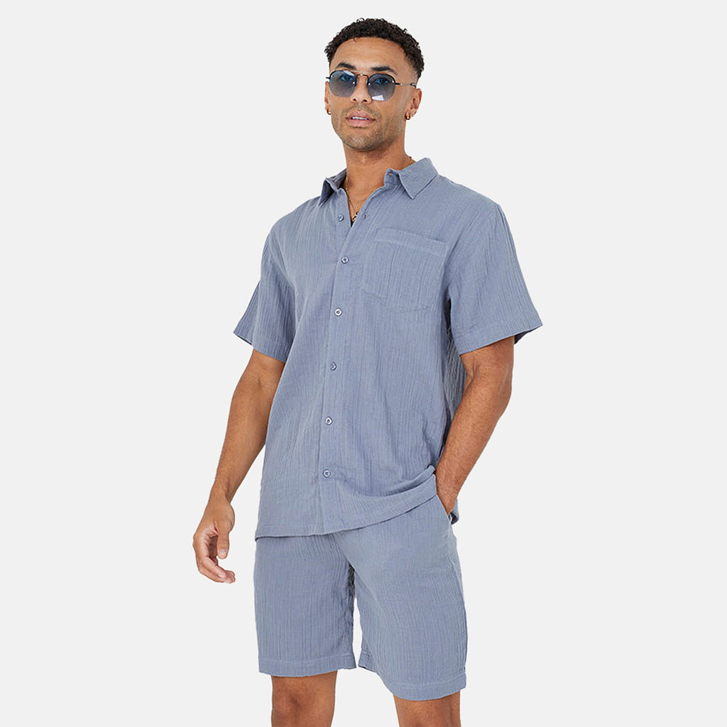 Brave Soul 100% Cotton Mens Short Sleeved Natural Crimp Effect Shirt with Regular Collar (Size XL) - Mid Blue