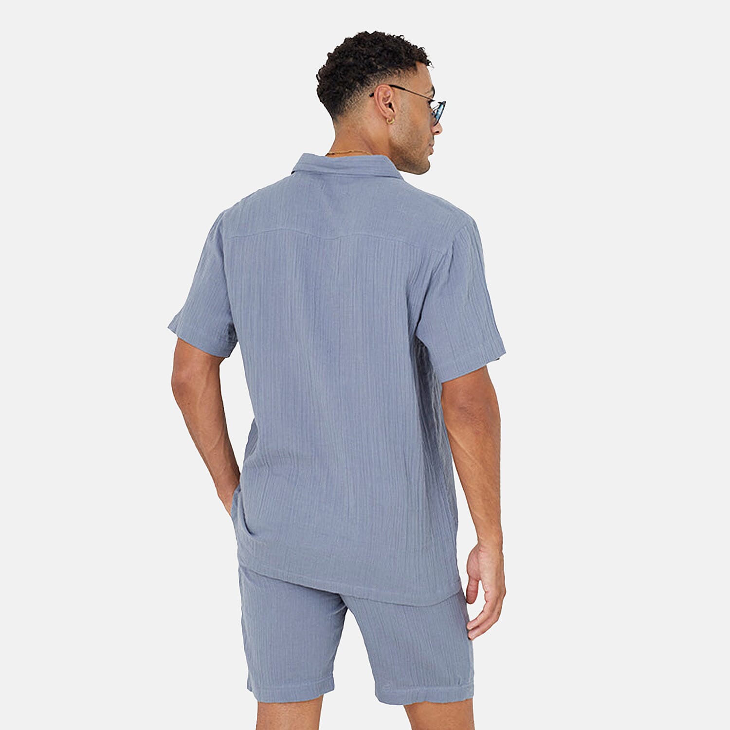 Brave Soul 100% Cotton Mens Short Sleeved Natural Crimp Effect Shirt with Regular Collar (Size XL) - Mid Blue