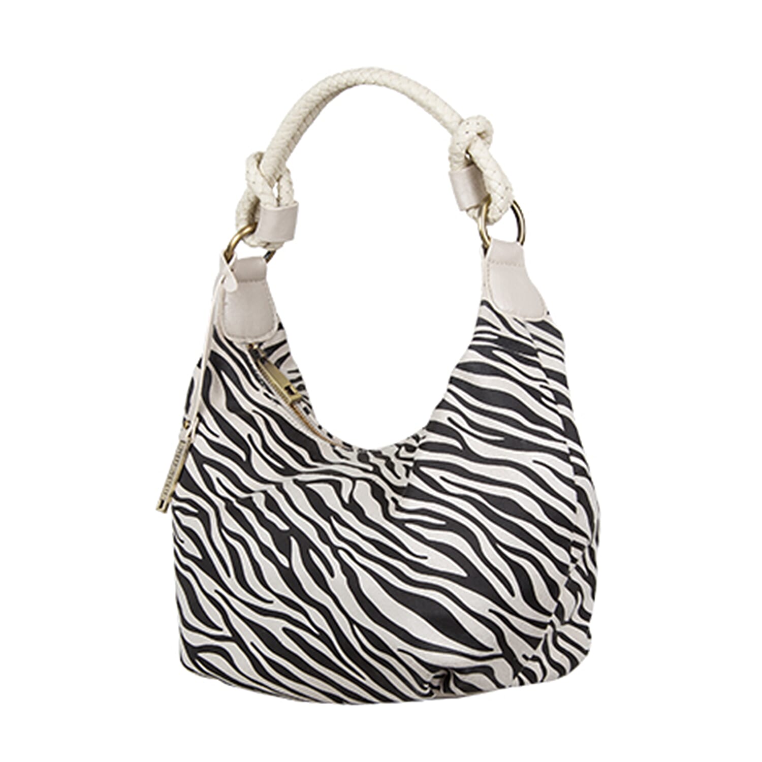 Bulaggi Collection - Zebra Hobo Shoulder Bag with Zipper Closure (Size 31x23x13 Cm) - Bone White