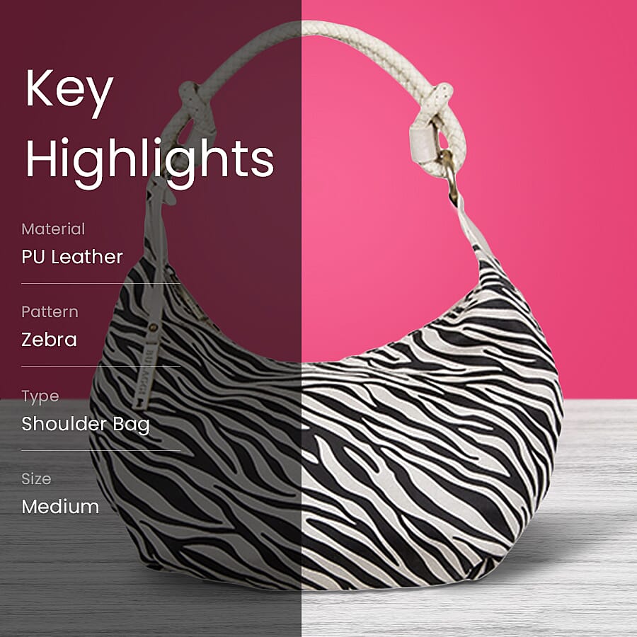 Bulaggi Collection - Zebra Hobo Shoulder Bag with Zipper Closure (Size 31x23x13 Cm) - Bone White