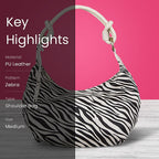 Bulaggi Collection - Zebra Hobo Shoulder Bag with Zipper Closure (Size 31x23x13 Cm) - Bone White