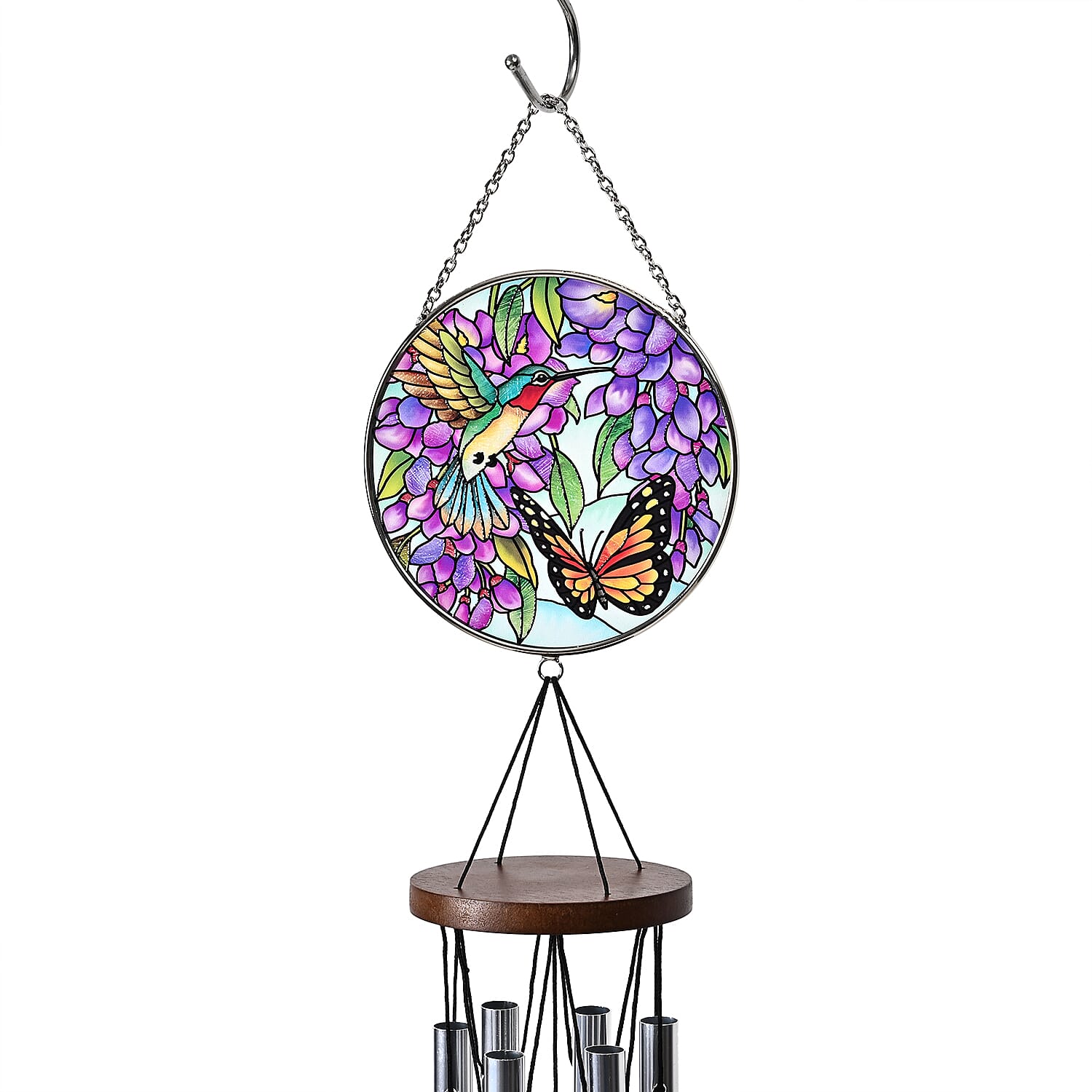 Butterfly, Birds - Purple Floral Design Glass Suncatcher - Round Hanging Pendant with Chain - Wind Chime (11.4x60cm) - Kingfisher