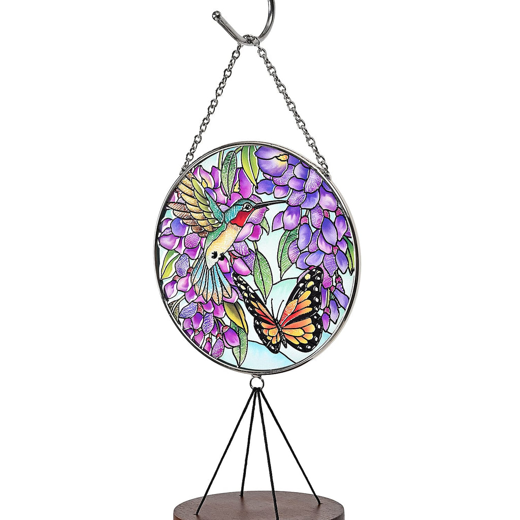 Butterfly, Birds - Purple Floral Design Glass Suncatcher - Round Hanging Pendant with Chain - Wind Chime (11.4x60cm) - Kingfisher