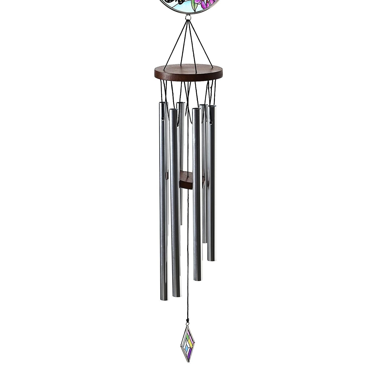 Butterfly, Birds - Purple Floral Design Glass Suncatcher - Round Hanging Pendant with Chain - Wind Chime (11.4x60cm) - Kingfisher