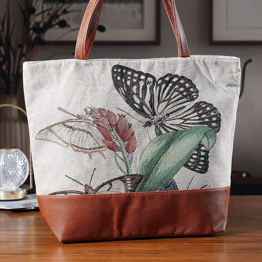 Butterfly Print Jacquard Tote Bag - Beige