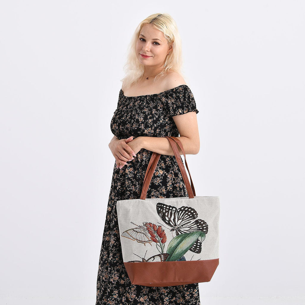 Butterfly Print Jacquard Tote Bag - Beige
