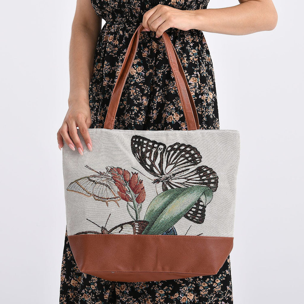 Butterfly Print Jacquard Tote Bag - Beige