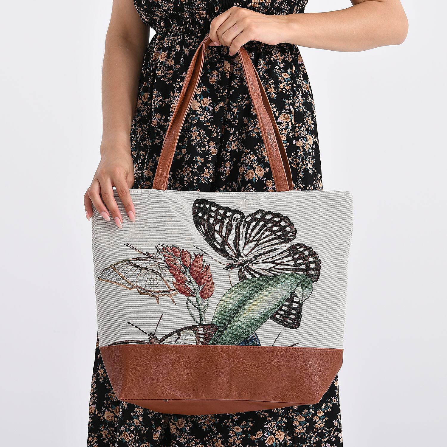 Butterfly Print Jacquard Tote Bag - Beige