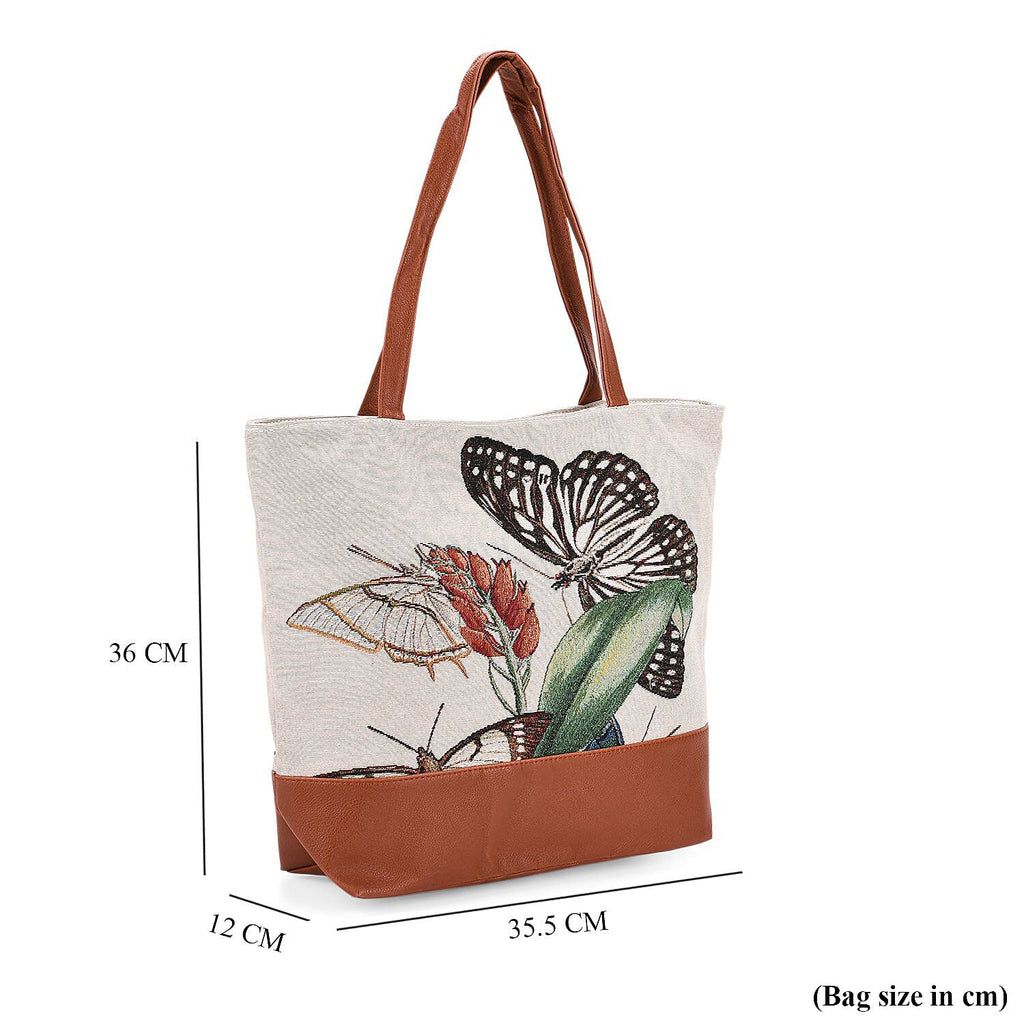 Butterfly Print Jacquard Tote Bag - Beige