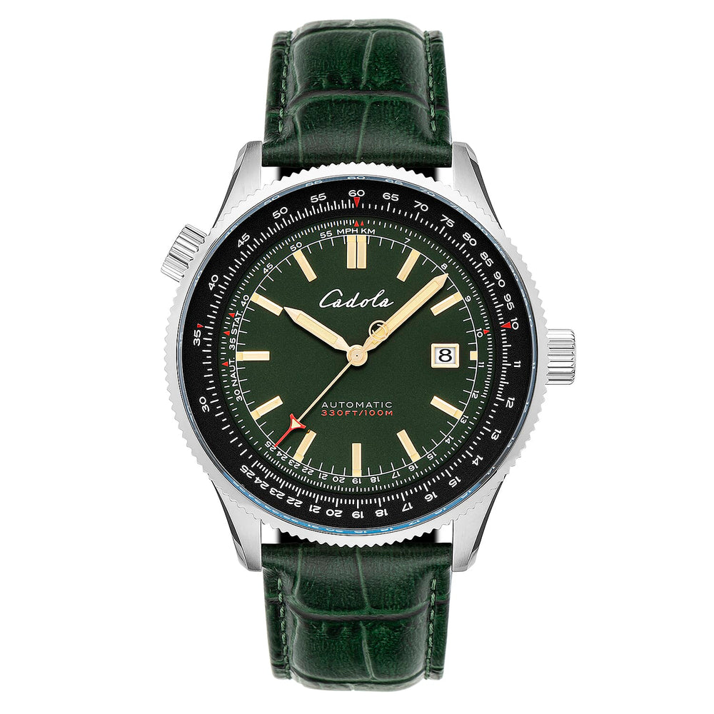 CADOLA  Aviateur Japanese Automatic Movement with 3 Hands Date 10ATM Water Resistant Mens Watch with Genuine Leather Green Strap