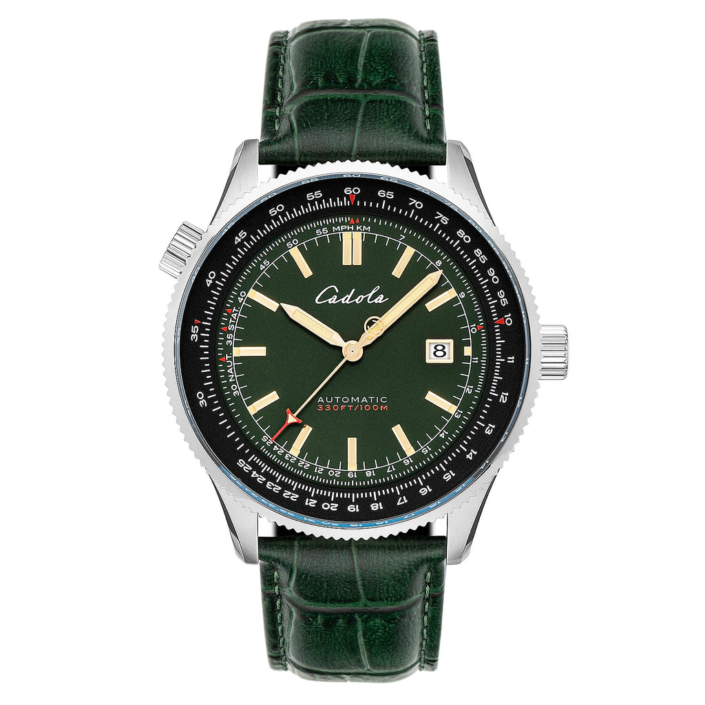 CADOLA  Aviateur Japanese Automatic Movement with 3 Hands Date 10ATM Water Resistant Mens Watch with Genuine Leather Green Strap