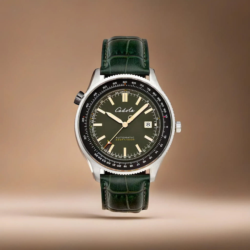 CADOLA  Aviateur Japanese Automatic Movement with 3 Hands Date 10ATM Water Resistant Mens Watch with Genuine Leather Green Strap