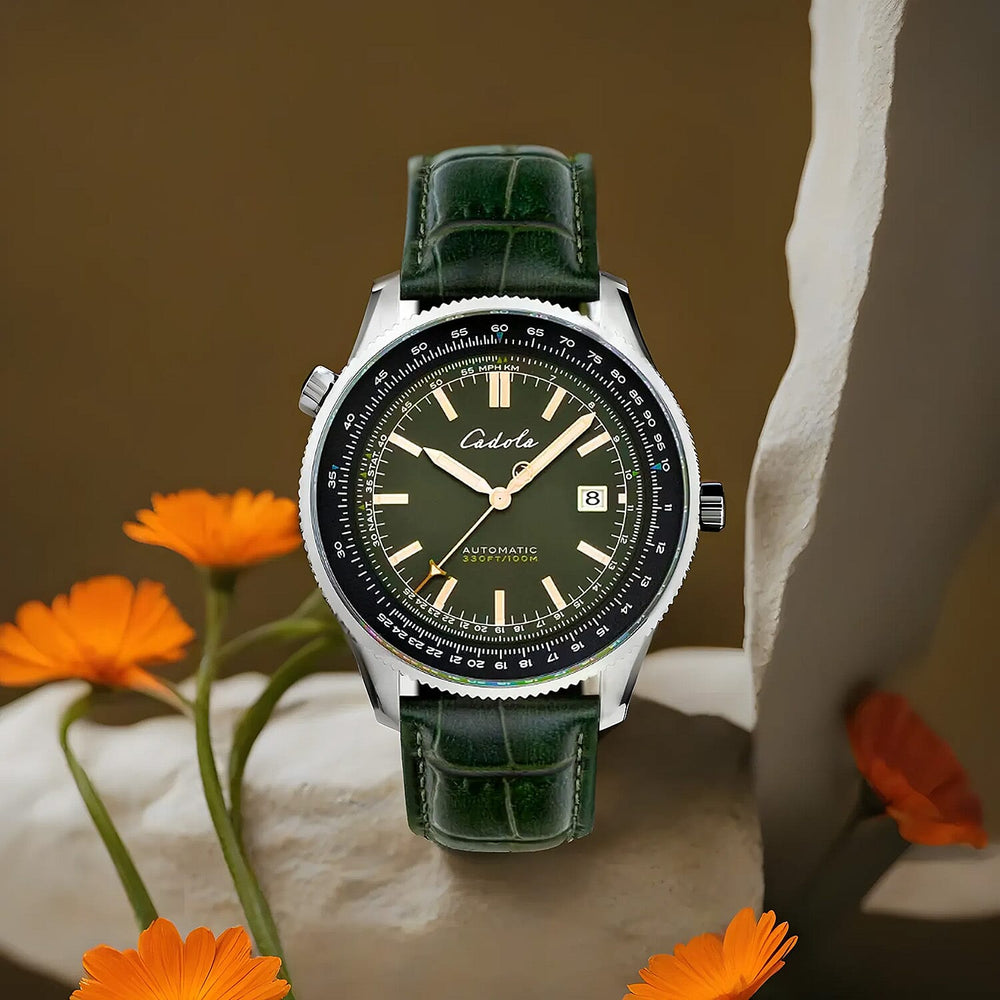 CADOLA  Aviateur Japanese Automatic Movement with 3 Hands Date 10ATM Water Resistant Mens Watch with Genuine Leather Green Strap