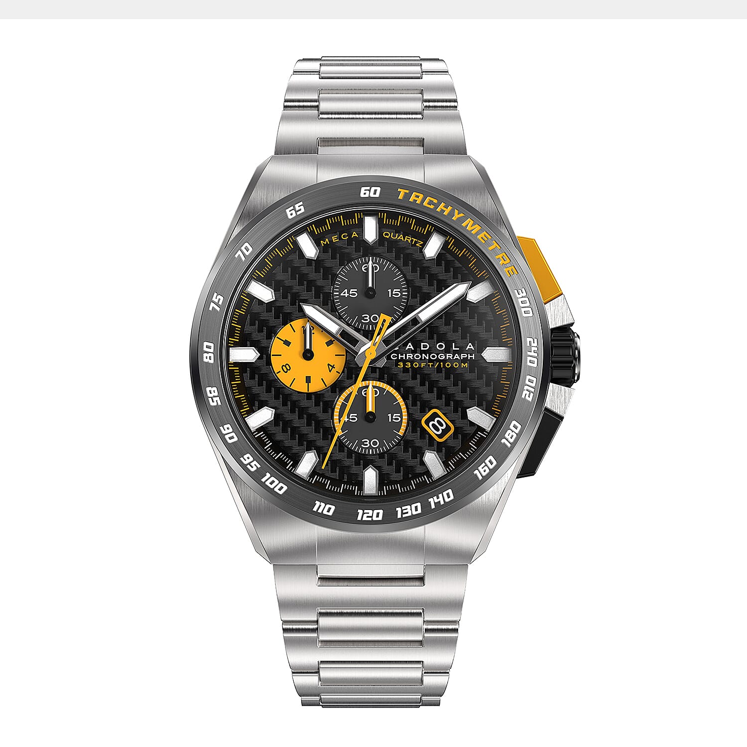 CADOLA Peterson 44mm 10 ATM Water Resistant Watch With Stainless Steel Chain Bracelet & Extra Yellow Silicon Strap