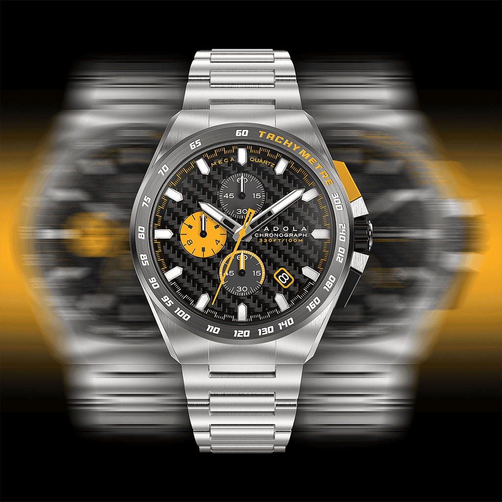 CADOLA Peterson 44mm 10 ATM Water Resistant Watch With Stainless Steel Chain Bracelet & Extra Yellow Silicon Strap