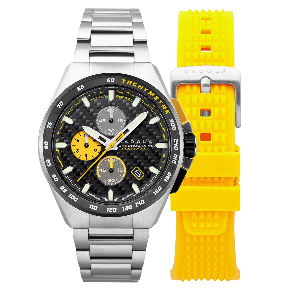 CADOLA Peterson 44mm 10 ATM Water Resistant Watch With Stainless Steel Chain Bracelet & Extra Yellow Silicon Strap