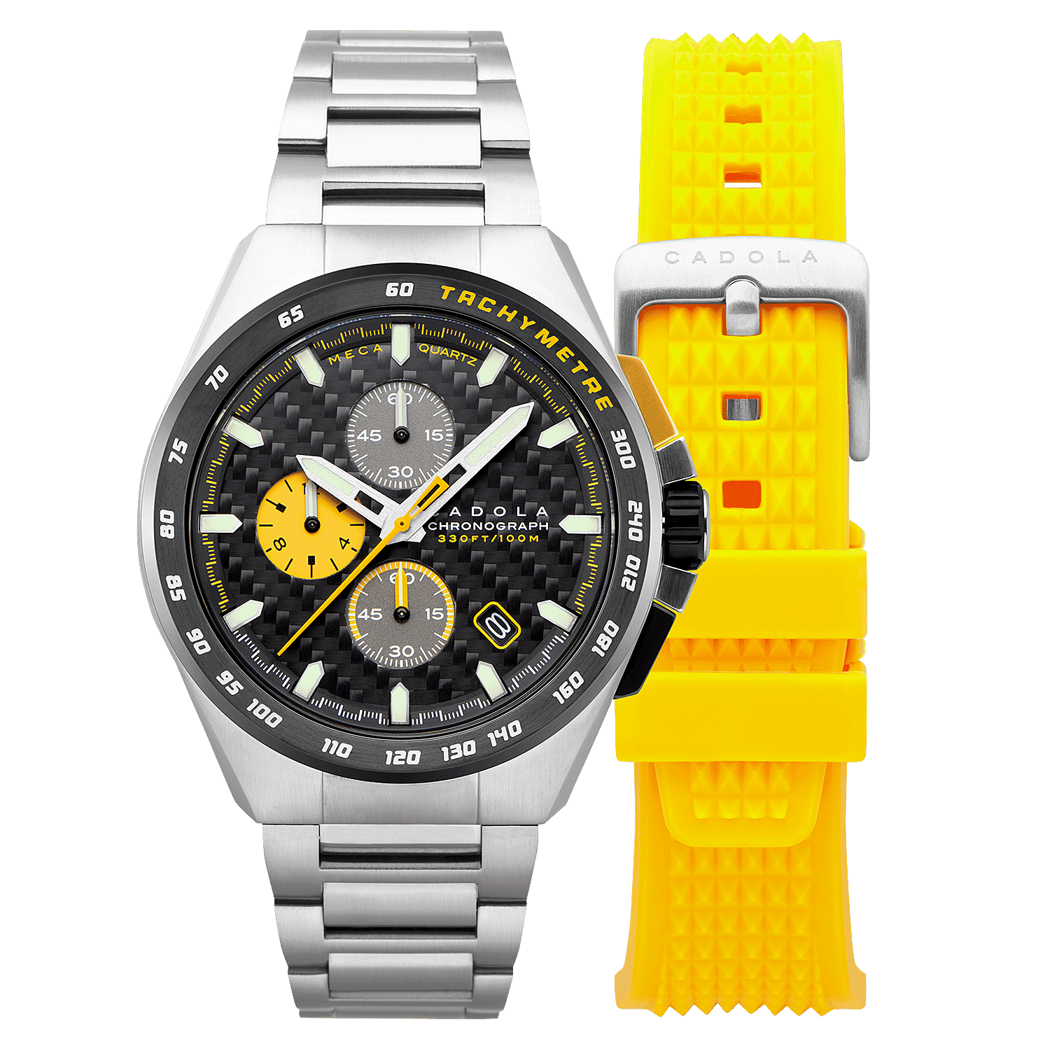 CADOLA Peterson 44mm 10 ATM Water Resistant Watch With Stainless Steel Chain Bracelet & Extra Yellow Silicon Strap