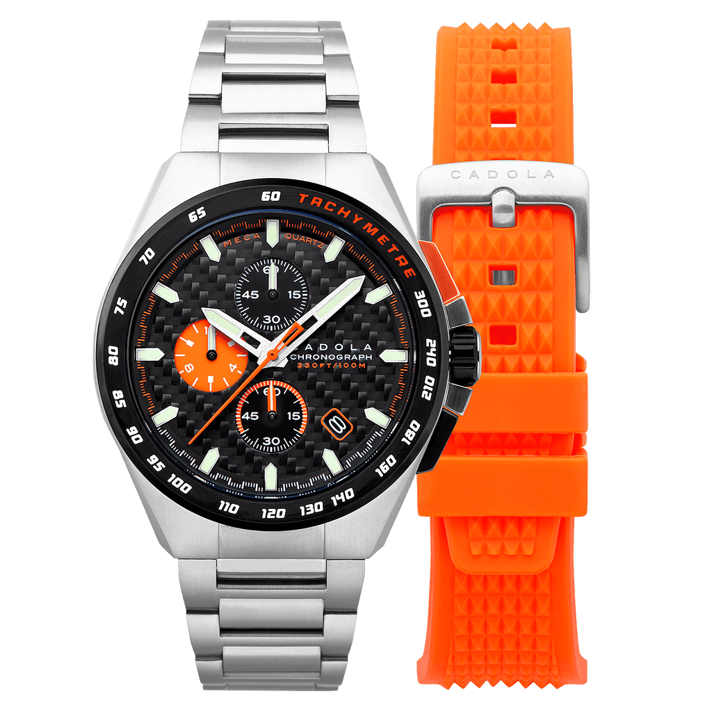 CADOLA Peterson 44mm 10 ATM Water Resistant Watch With Stainless Steel Chain Bracelet & Extra Yellow Silicon Strap