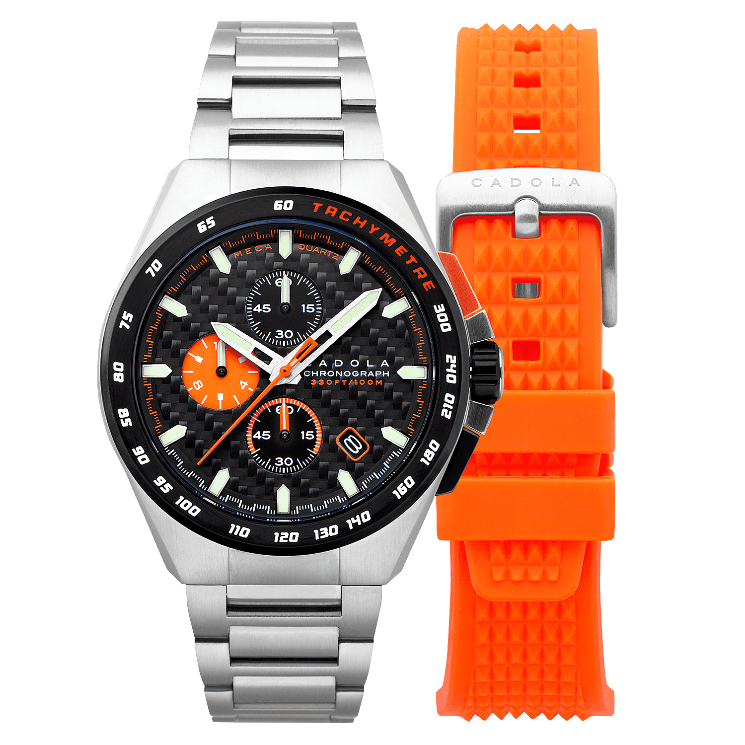 CADOLA Peterson 44mm 10 ATM Water Resistant Watch With Stainless Steel Chain Bracelet & Extra Yellow Silicon Strap