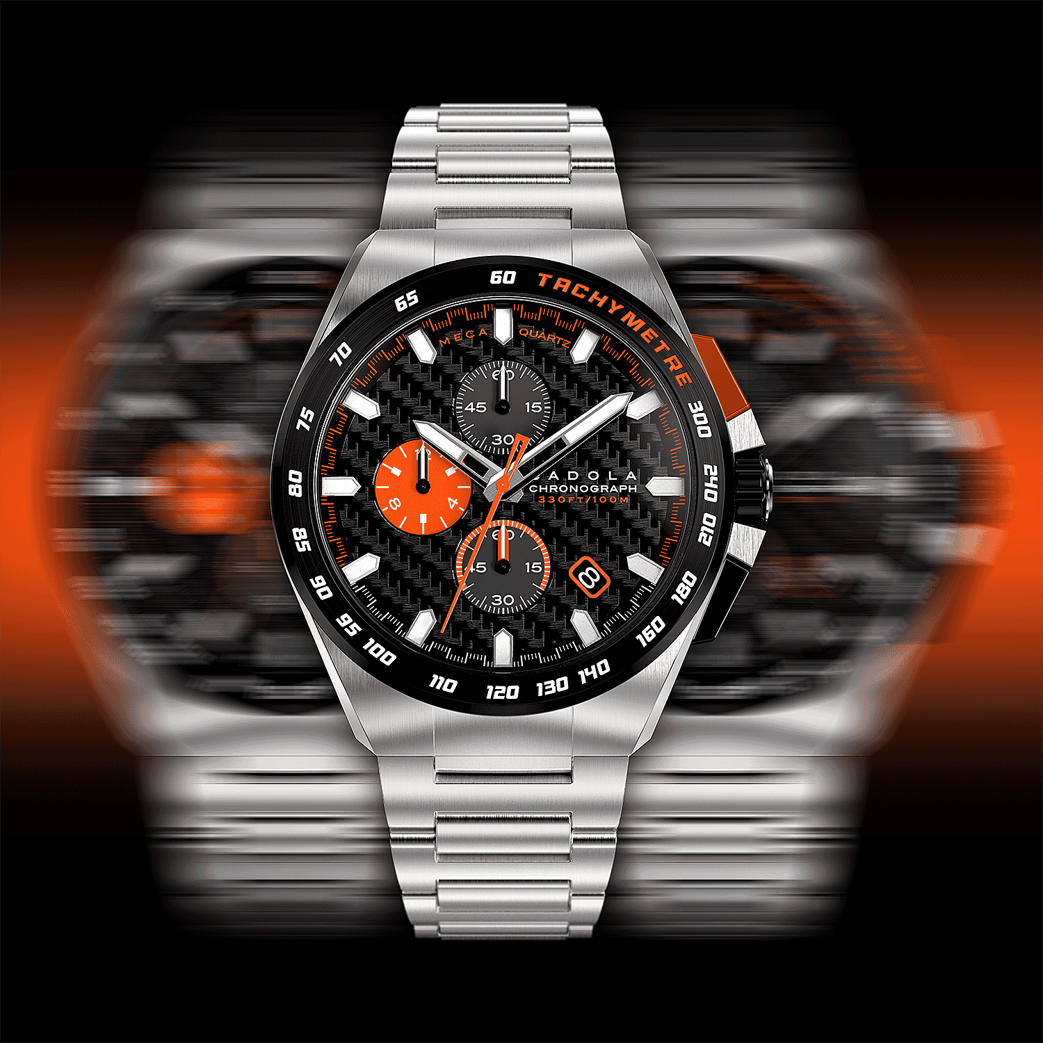 CADOLA Peterson 44mm 10 ATM Water Resistant Watch With Stainless Steel Chain Bracelet & Extra Yellow Silicon Strap