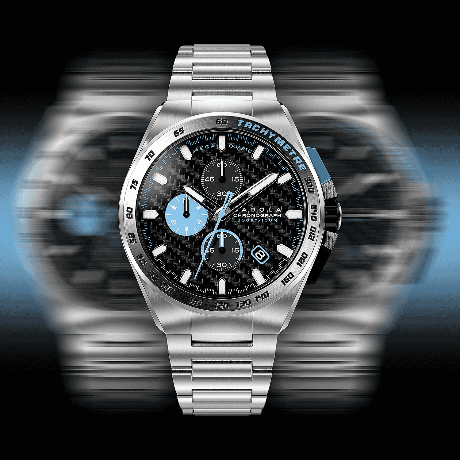 CADOLA Peterson 44mm 10 ATM Water Resistant Watch With Stainless Steel Chain Bracelet & Extra Yellow Silicon Strap