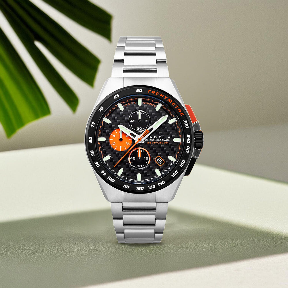 CADOLA Peterson Japanese Quartz Chronograph Movement Black Dial 10ATM Water Resistant Mens Watch with Stainless Steel Band and Orange Strap