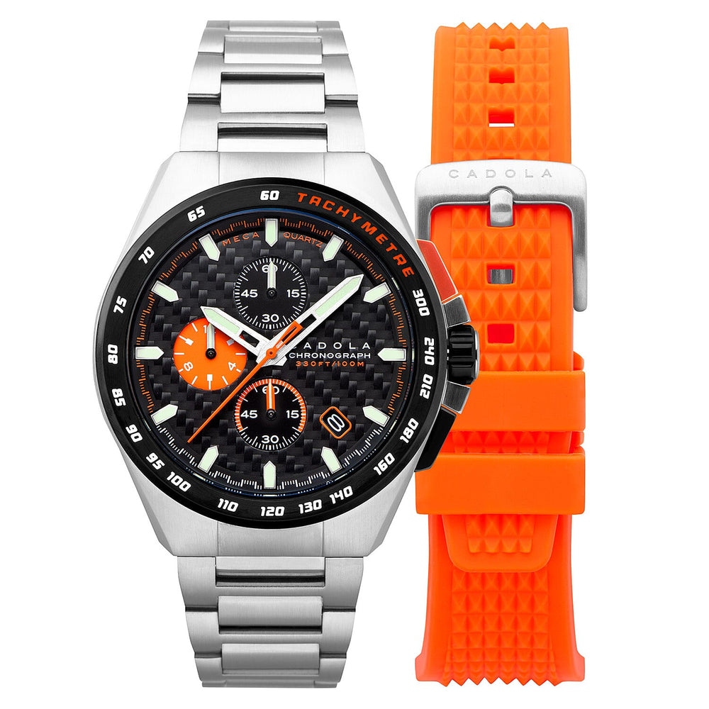 CADOLA Peterson Japanese Quartz Chronograph Movement Black Dial 10ATM Water Resistant Mens Watch with Stainless Steel Band and Orange Strap
