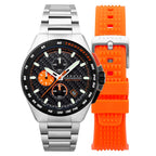 CADOLA Peterson Japanese Quartz Chronograph Movement Black Dial 10ATM Water Resistant Mens Watch with Stainless Steel Band and Orange Strap