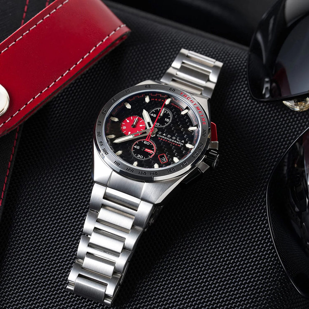 Exclusive Hour Offer - CADOLA Peterson Japanese Movement Black & Red Dial 10ATM Water Resistant Watch with Stainless Steel Chain Strap Complimentory Nusound Earbud