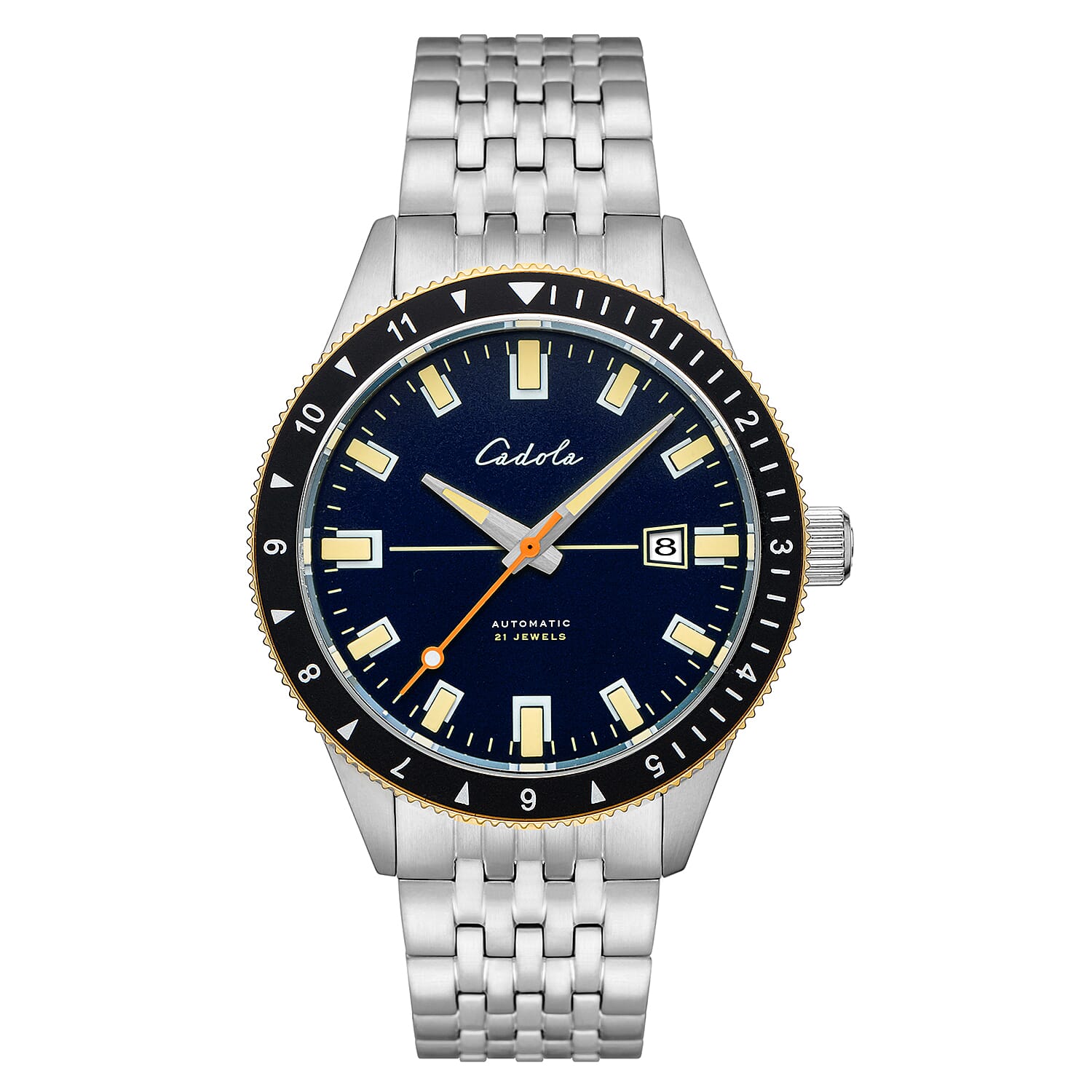 CADOLA Tahiti Mens 3 Hands With Date Regalia Dial 20 ATM WR Watch with Stainless Steel and Extra Black Silicon Strap