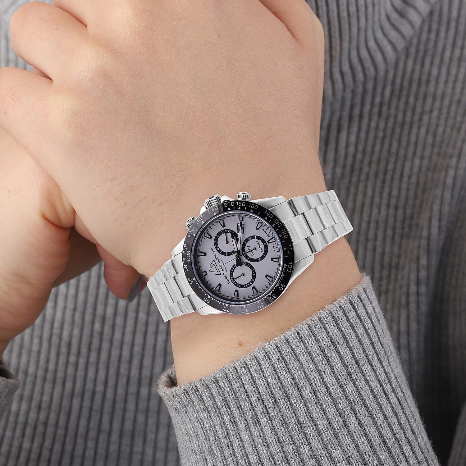 CHRISTOPH DUCHAMP Grand Mont White Dial Watch with Silver Colour Chain Strap