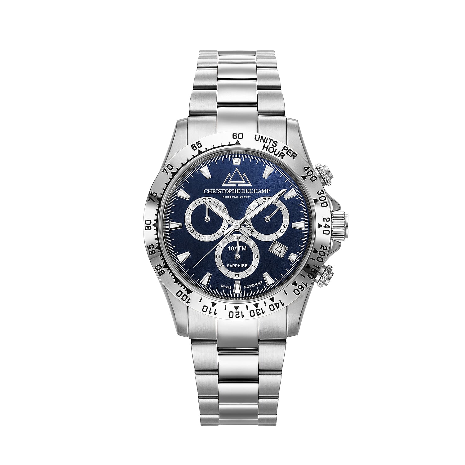 CHRISTOPHE DUCHAMP GRAND MONT Swiss Movt. 10 ATM WR Sapphire Crystal Glass Blue Dial Stainless Steel Watch with Silver Colour Chain Strap