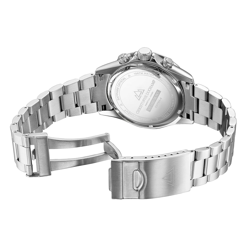 CHRISTOPHE DUCHAMP GRAND MONT Swiss Movt. 10 ATM WR Sapphire Crystal Glass Blue Dial Stainless Steel Watch with Silver Colour Chain Strap