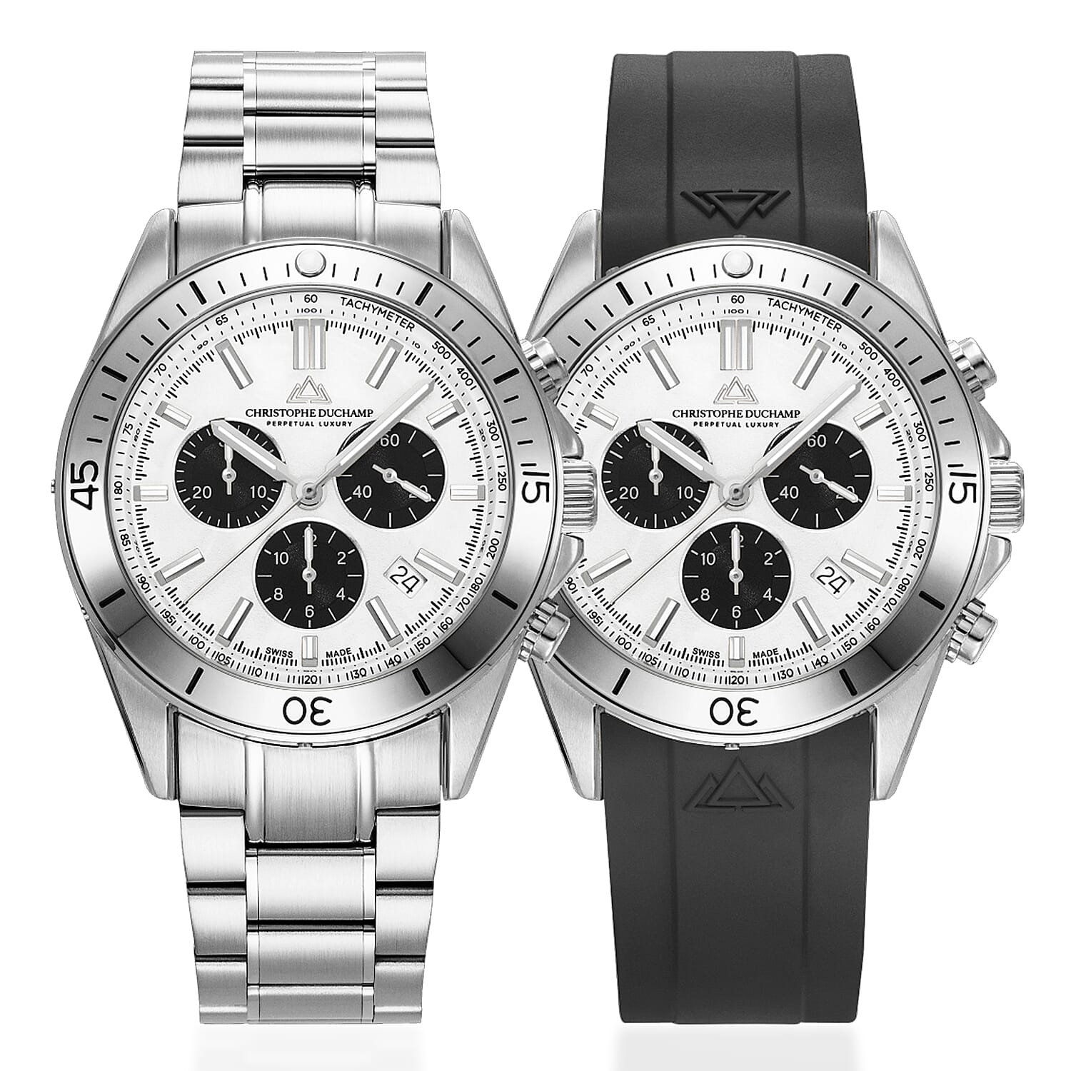 CHRISTOPHE DUCHAMP Stratos Swiss Quartz Chronograph 20ATM WR White Dial Mens Watch with Stainless Steel Bracelet - Additional Silicone Strap