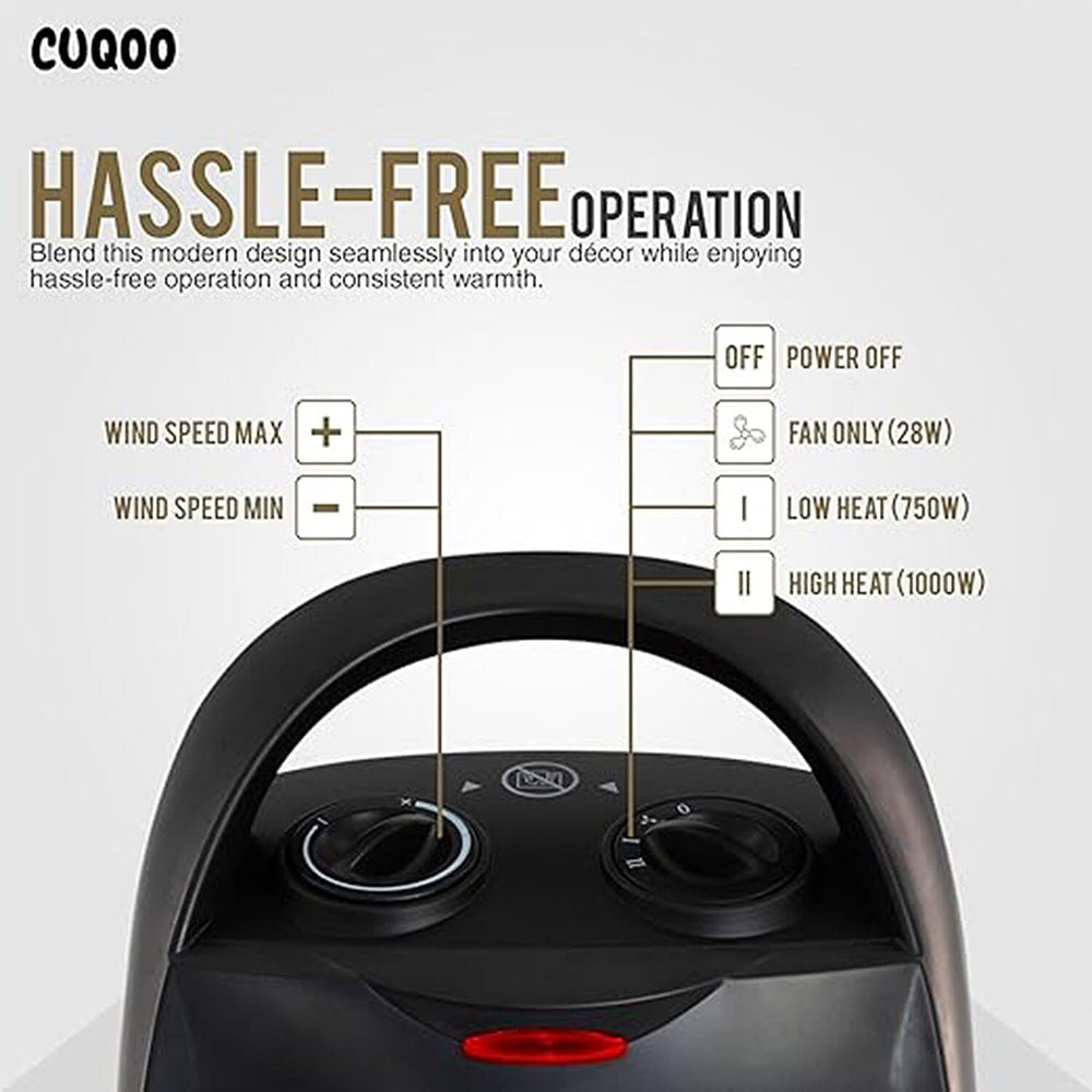 CUQUU Lightweight - Energy Efficient Ceramic Heater (2KW) with 3 Power Settings, Adjustable Thermostat - Overheating Protection Technology - Black